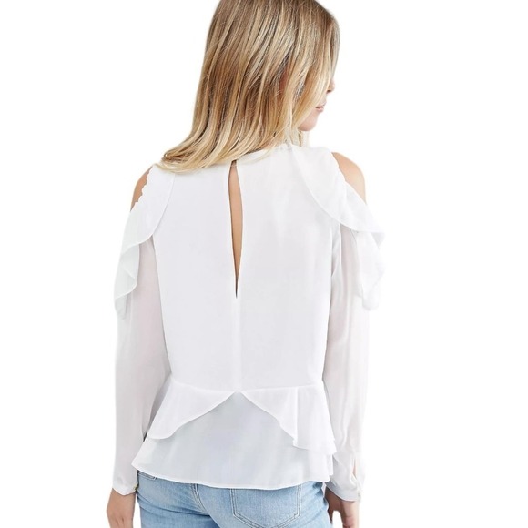 Asos White Ruffled Blouse‎ Cold Shoulder Tiered Long Sleeve Gold Buttons Size 10 - Picture 11 of 16